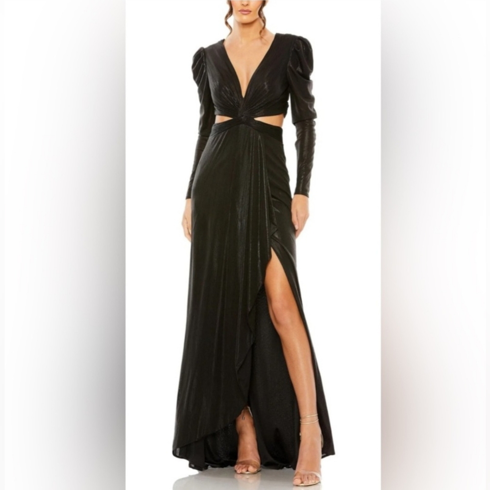 Mac Duggal Sexy & Elegant Black Long Sleeve Cut-Out Gown With Front High Slit